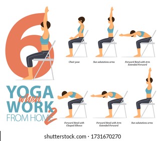 Infografía de 6 poses de yoga para el síndrome de oficina cuando se trabaja en casa en diseño plano. La mujer de belleza es hacer ejercicio para tener fuerza en la silla de oficina. Juego de posturas de yoga infografía . Vector de carácter plano.