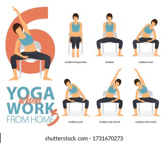 Infographic of 6 Yoga poses for office syndrome when working at home in flat design. Beauty woman is exercise for strength on office chair. Set of yoga postures infographic . Flat character Vector.