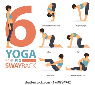 Infografía de 6 poses de yoga para entrenamiento en casa en concepto de yoga para arreglar el cambio en diseño plano. Mujer haciendo ejercicio para estirarse el cuerpo. Postura de yoga o asana para infografía de fitness. Vector de dibujos animados