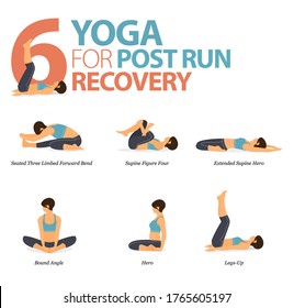 Infographic of 6 Yoga poses for workout at home in concept of yoga for Post Run Recovery in flat design. Woman exercising for body stretching. Yoga posture or asana for fitness. Flat Cartoon Vector.