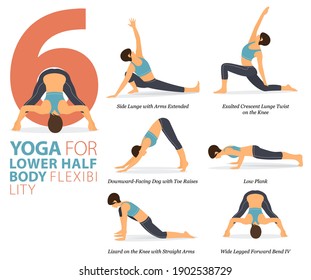 Infografía 6 El yoga representa el entrenamiento en el concepto de flexibilidad corporal de la mitad inferior en diseño plano. Mujeres haciendo ejercicio para estirarse el cuerpo. Postura de yoga o asana para infografía de fitness. Vector de caricaturas plano.