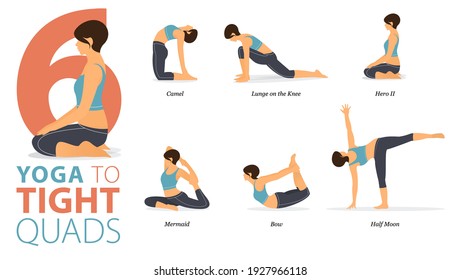 Infografía 6 Yoga posa para entrenar en el concepto de Tight Quads en diseño plano. Mujeres haciendo ejercicio para estirarse el cuerpo. Postura de yoga o asana para infografía de fitness. Ilustración de vectores de dibujos planos.