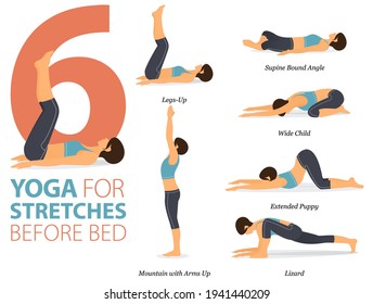 Infografía 6 Yoga posa para entrenamiento en el concepto de Stretches Before Bed en diseño plano. Mujeres haciendo ejercicio para estirarse el cuerpo. Postura de yoga o asana para infografía de fitness. Vector de caricaturas plano.