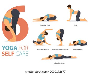 Infografía 6 Yoga posa para entrenamiento en casa en concepto de autocuidado en diseño plano. Mujeres ejerciendo para estiramientos corporales. Postura de yoga o asana para infografía de fitness.Ilustración de vectores de dibujos planos