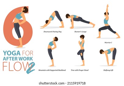 Infographic 6 Yoga poses for workout at home in concept of after work flow in flat design. Women exercising for body stretching. Yoga posture or asana for fitness infographic. Flat Cartoon Vector.