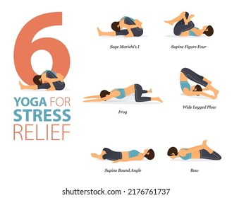 Infografía 6 Yoga posa para entrenamiento en casa en concepto de alivio del estrés en diseño plano. Mujeres haciendo ejercicio para estirarse el cuerpo. Postura de yoga o asana para infografía de fitness. Vector de caricaturas plano.