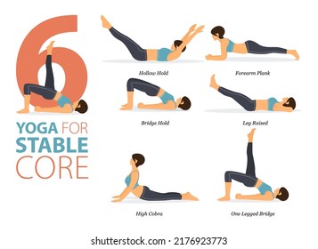 Infographic 6 Yoga poses for workout at home in concept of stable core in flat design. Women exercising for body stretching. Yoga posture or asana for fitness infographic. Flat Cartoon Vector.