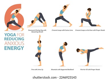 Infografía 6 Yoga supone entrenamiento en casa en el concepto de reducción de energía ansiosa en diseño plano. Mujeres haciendo ejercicio para estirarse el cuerpo. Postura de yoga o asana para infografía de fitness. Vector.