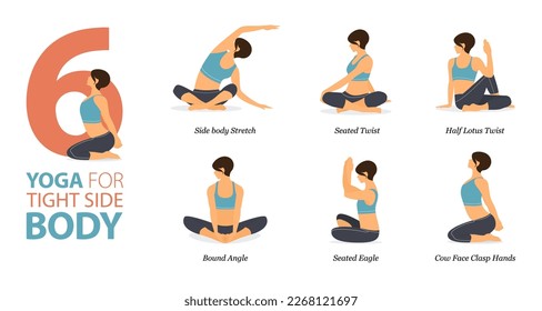 Infographic 6 Yoga poses for workout at home in concept of tight side body in flat design. Women exercising for body stretching. Yoga posture or asana for fitness infographic. Flat Cartoon Vector.