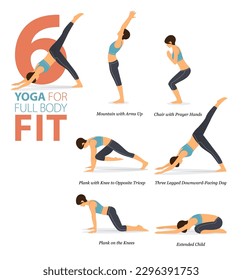 Infografía 6 Yoga posa para entrenamiento en casa en concepto de Encuadre Completo en diseño plano. Mujeres haciendo ejercicio para estirarse el cuerpo. Postura de yoga o asana para infografía de fitness. Vector de caricaturas plano.