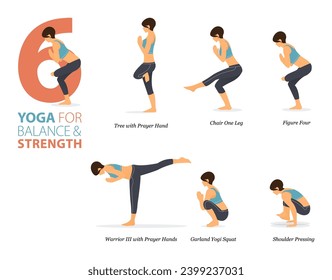 Infographic 6 Yoga poses for workout at home in concept of balance and strength in flat design. Women exercising for body stretching. Yoga posture or asana for fitness infographic. Flat Cartoon Vector