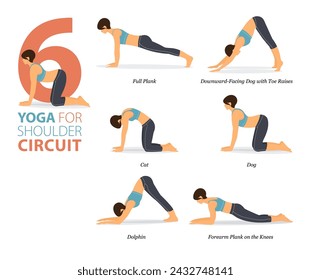 Infografía 6 poses de yoga para entrenar en casa en concepto de circuito de hombro en diseño plano. Mujeres haciendo ejercicio para estirar el cuerpo. Postura de yoga o asana para infografía de fitness. Ilustración vectorial