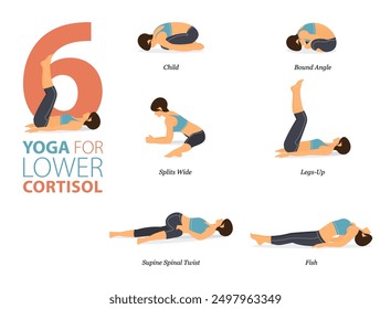 Infographic 6 Yoga poses for workout in concept of lower cortisol in flat design. Women exercising for body stretching. Yoga posture or asana for fitness infographic. Flat Cartoon Vector Illustration