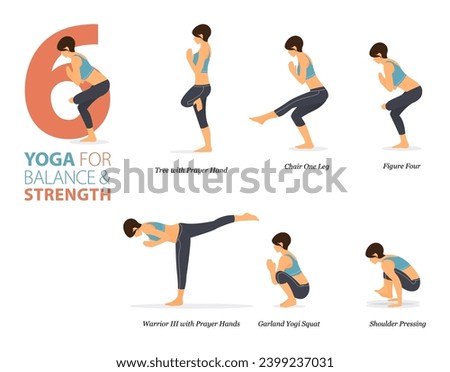 Infographic 6 Yoga poses for workout at home in concept of balance and strength in flat design. Women exercising for body stretching. Yoga posture or asana for fitness infographic. Flat Cartoon Vector