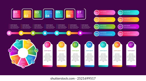 Infographic 7 Elements Vector Set. Timeline Seven Key Points. Text Boxes Collection and Pie Chart. Modern Gradient Design Elements.