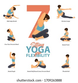 Infografía de 7 Sitting Yoga posa para Easy yoga en casa en concepto de flexibilidad en el diseño plano. La mujer de belleza está haciendo ejercicio para estirar el cuerpo. Conjunto de yoga en la infografía de casa . Vector de yoga.