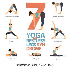 Infographic of 7 Yoga poses for restless legs syndrome in flat design. Beauty woman is doing exercise for body stretching. Set of yoga sequence Infographic.  Cartoon Vector art and Illustration.