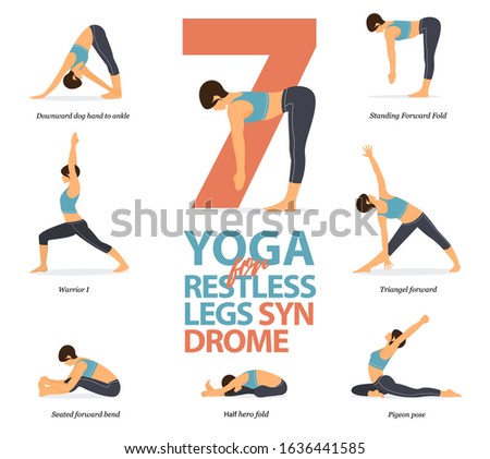 Infographic of 7 Yoga poses for restless legs syndrome in flat design. Beauty woman is doing exercise for body stretching. Set of yoga sequence Infographic.  Cartoon Vector art and Illustration.