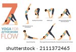 Infographic 7 Yoga poses for workout at home in concept of after work flow in flat design. Women exercising for body stretching. Yoga posture or asana for fitness infographic. Flat Cartoon Vector.