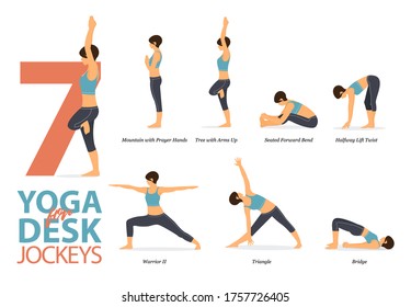 Infographic of 7 Yoga poses for workout at home in concept of yoga for desk jockeys flat design. Woman exercising for body stretching. Yoga posture, asana for fitness infographic. Flat cartoon Vector.