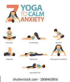 Infografía 7 Yoga supone entrenamiento en el concepto de ansiedad tranquila en diseño plano. Mujeres haciendo ejercicio para estirarse el cuerpo. Postura de yoga o asana para infografía de fitness. Ilustración de vectores de dibujos planos.