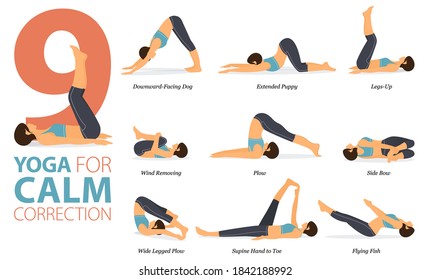 Infographic 7 Yoga poses for workout in concept of Calm Correction in flat design. Women exercising for body stretching. Yoga posture or asana for fitness infographic. Flat Cartoon Vector Illustration