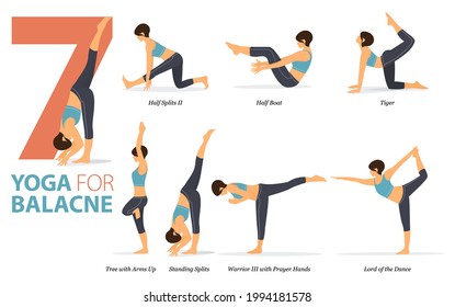 Infographic 7 Yoga poses for workout at home in concept of body balance in flat design. Women exercising for body stretching. Yoga posture or asana for fitness infographic. Flat Cartoon Vector.