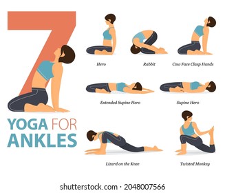 Infographic 7 Yoga poses for workout at home in concept of ankle stretch in flat design. Women exercising for body stretching. Yoga posture or asana for fitness infographic. Flat Cartoon Vector.