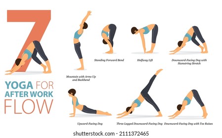 Infographic 7 Yoga poses for workout at home in concept of after work flow in flat design. Women exercising for body stretching. Yoga posture or asana for fitness infographic. Flat Cartoon Vector.