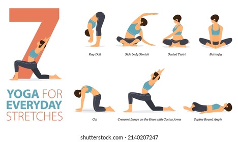 Infografía 7 Yoga posa para entrenamiento en casa en el concepto de estiramientos cotidianos en diseño plano. Mujeres haciendo ejercicio para estirarse el cuerpo. Postura de yoga o asana para infografía de fitness. Vector de caricaturas plano.