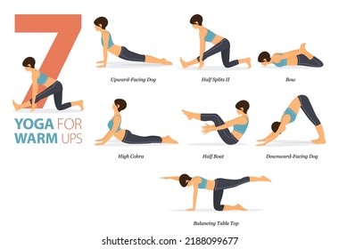 Infografía 7 Yoga posa para entrenamiento en casa en el concepto de calentamientos en diseño plano. Mujeres haciendo ejercicio para estirarse el cuerpo. Postura de yoga, asana para infografía de fitness. Ilustración de vectores de dibujos planos.