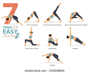 Infografía 7 Yoga posa para entrenamiento en casa en concepto de secuencia fácil en diseño plano. Mujeres haciendo ejercicio para estirarse el cuerpo. Postura de yoga o asana para infografía de fitness. Vector de caricaturas plano.