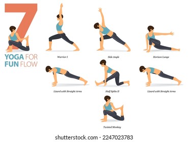 Infografía 7 Yoga posa para entrenamiento en casa en concepto de flujo de diversión en diseño plano. Mujeres haciendo ejercicio para estirarse el cuerpo. Postura de yoga o asana para infografía de fitness. Ilustración de vectores planos