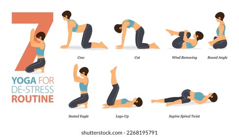 Infographic 7 Yoga poses for workout at home in concept of de-stress routine in flat design. Women exercising for body stretching. Yoga posture or asana for fitness infographic. Flat Cartoon Vector.