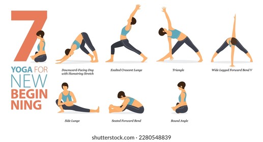 Infografía 7 Yoga supone un entrenamiento en casa en el concepto de un nuevo comienzo en el diseño plano. Mujeres haciendo ejercicio para estirarse el cuerpo. Postura de yoga o asana para infografía de fitness. Vector de caricaturas plano.