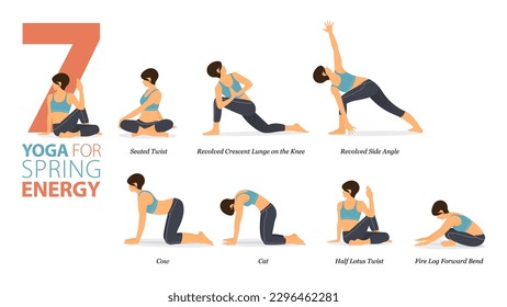 Infografía 7 Yoga posa para entrenamiento en casa en concepto de Energía Primaria en diseño plano. Mujeres haciendo ejercicio para estirarse el cuerpo. Postura de yoga o asana para infografía de fitness. Vector de caricaturas plano.