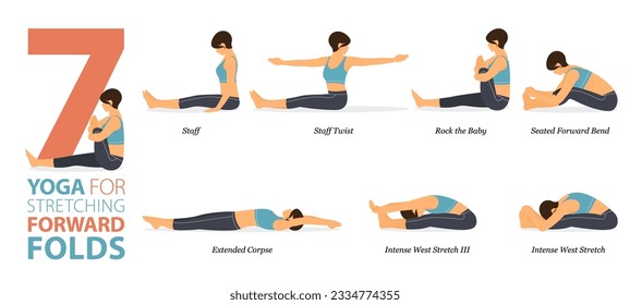 Infographic 7 Yoga poses for workout in concept of forward fold in flat design. Women exercising for body stretching. Yoga posture or asana for fitness infographic. Flat Cartoon Vector Illustration