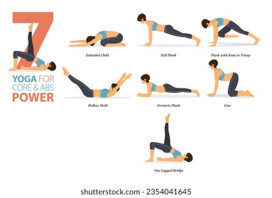 Infographic 7 Yoga poses for workout at home in concept of core and abs power in flat design. Women exercising for body stretching. Yoga posture or asana for fitness infographic. Flat Cartoon Vector.