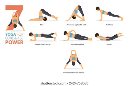 Infographic 7 Yoga poses for workout at home in concept of core and balance in flat design. Women exercising for body stretching. Yoga posture or asana for fitness infographic. Flat Cartoon Vector.