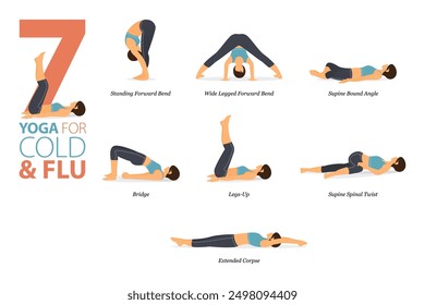 Infographic 7 Yoga poses for workout in concept of cold flu in flat design. Women exercising for body stretching. Yoga posture or asana for fitness infographic. Flat Cartoon Vector Illustration