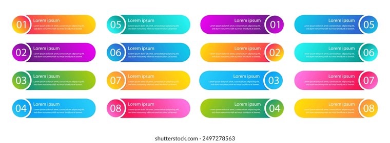 Conjunto de Vector de 8 Botones. Colección de degradado de cuadros de texto. Elementos de diseño modernos.