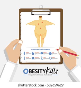 infographic for 8 Diseases due to obesity in men in flat design. Clipboard in doctor hand. Medical and health care report. Vector Illustration.