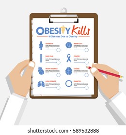Infographic for 8 Diseases due to obesity in men in flat design. Doctor’s hand holding clipboard. Medical and healthcare report. Vector Illustration.