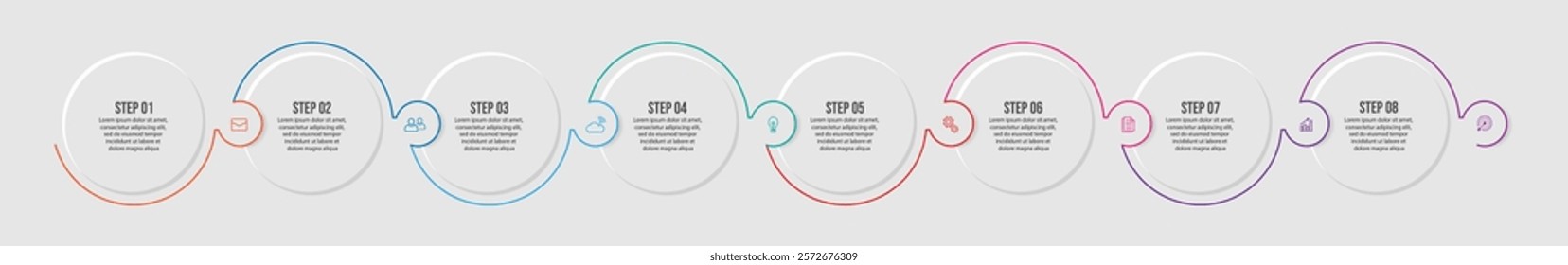 infographic 8 interconnected parts with circle shapes related to lines and colors and there are icons for your business