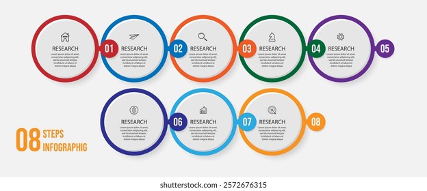 infographic 8 interconnected parts with circle shapes related to lines and colors and there are icons for your business