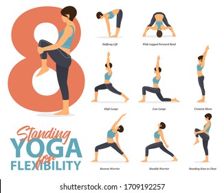 Infografía de 8 Yoga permanente para el yoga fácil en casa en concepto de flexibilidad en el diseño plano. La mujer de belleza está haciendo ejercicio para estirar el cuerpo. Conjunto de yoga en la infografía de casa . Vector de yoga.