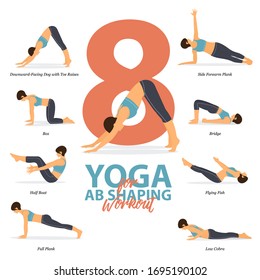 Infographic of 8 Yoga poses for ab shaping workout  in flat design. Beauty woman is doing exercise for body stretching. Set of yoga sequence Infographic. Yoga Cartoon Vector art and Illustration.