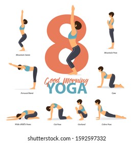 Infographic of 8 Yoga poses for after wake up in flat design. Beauty woman is doing exercise for body stretching in morning. Set of yoga sequence Infographic.  Vector Illustration.