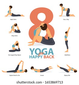 Infografía de 8 poses de yoga para la feliz espalda en diseño plano. La mujer de belleza está haciendo ejercicio para estirar el cuerpo. Serie de secuencias de yoga Infografía. Dibujo vectorial de yoga e ilustración.