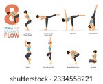 Infographic 8 Yoga poses for workout in concept of balance flow in flat design. Women exercising for body stretching. Yoga posture or asana for fitness infographic. Flat Cartoon Vector Illustration
